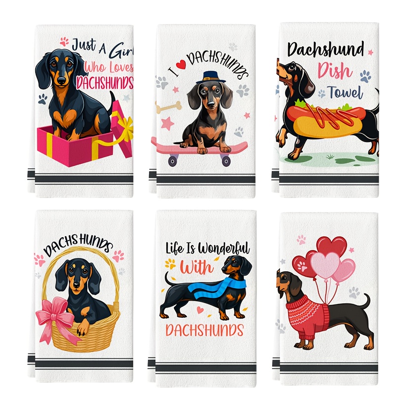 TEMU Set Of 6 Modern Cartoon Dachshund Dish Towels, Soft Polyester Square Kitchen Cloths, Machine Washable Decorative Hand Towels For Dachshund