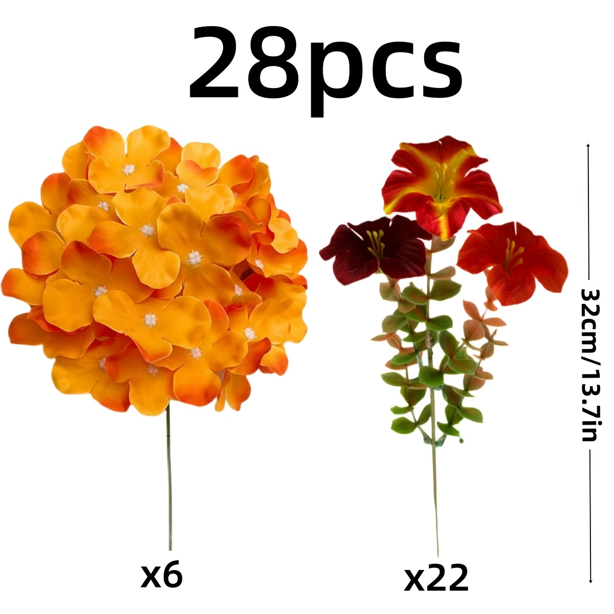 TEMU 28-pack Autumn Artificial Flowers, Orange And Eucalyptus Mixed Color Large Trumpet Flowers, For Thanksgiving, Halloween, And Holiday Decoration