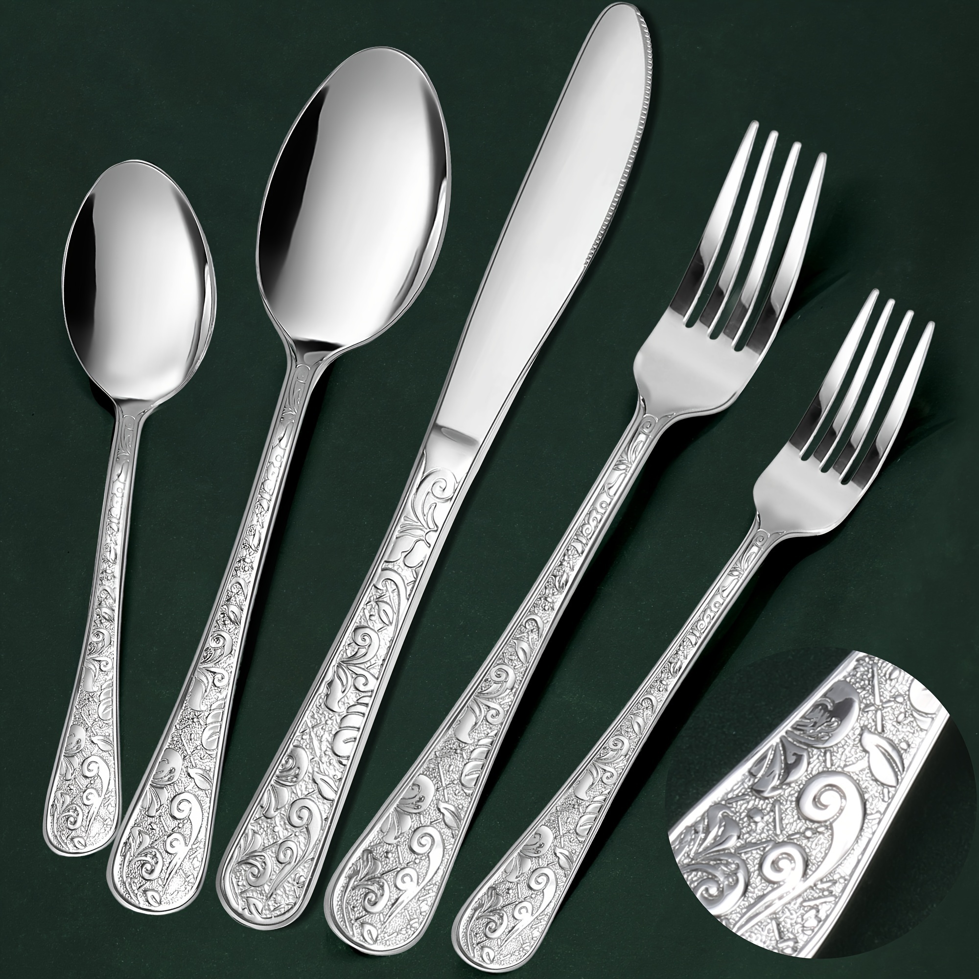 

40-piece Vintage Carved Silverware Set For 8, Cutlery Set For Home And Kitchen, Stainless Steel Flatware Set With Knife/fork/spoon, Utensil Set With Dishwasher Safe
