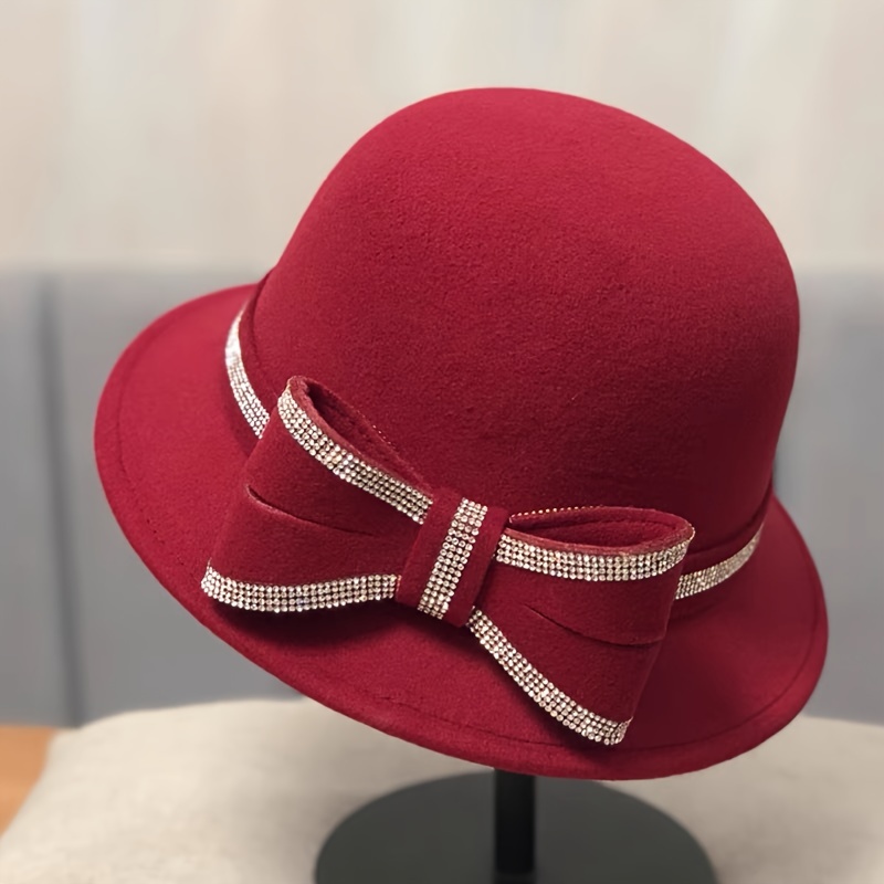 TEMU 1pc Fisherman Hat, Stitched Women's Elegant Style Fashionable Versatile Top Hat With Rhinestone Bow, Tweed Bucket Hat, British Vintage Dome Top