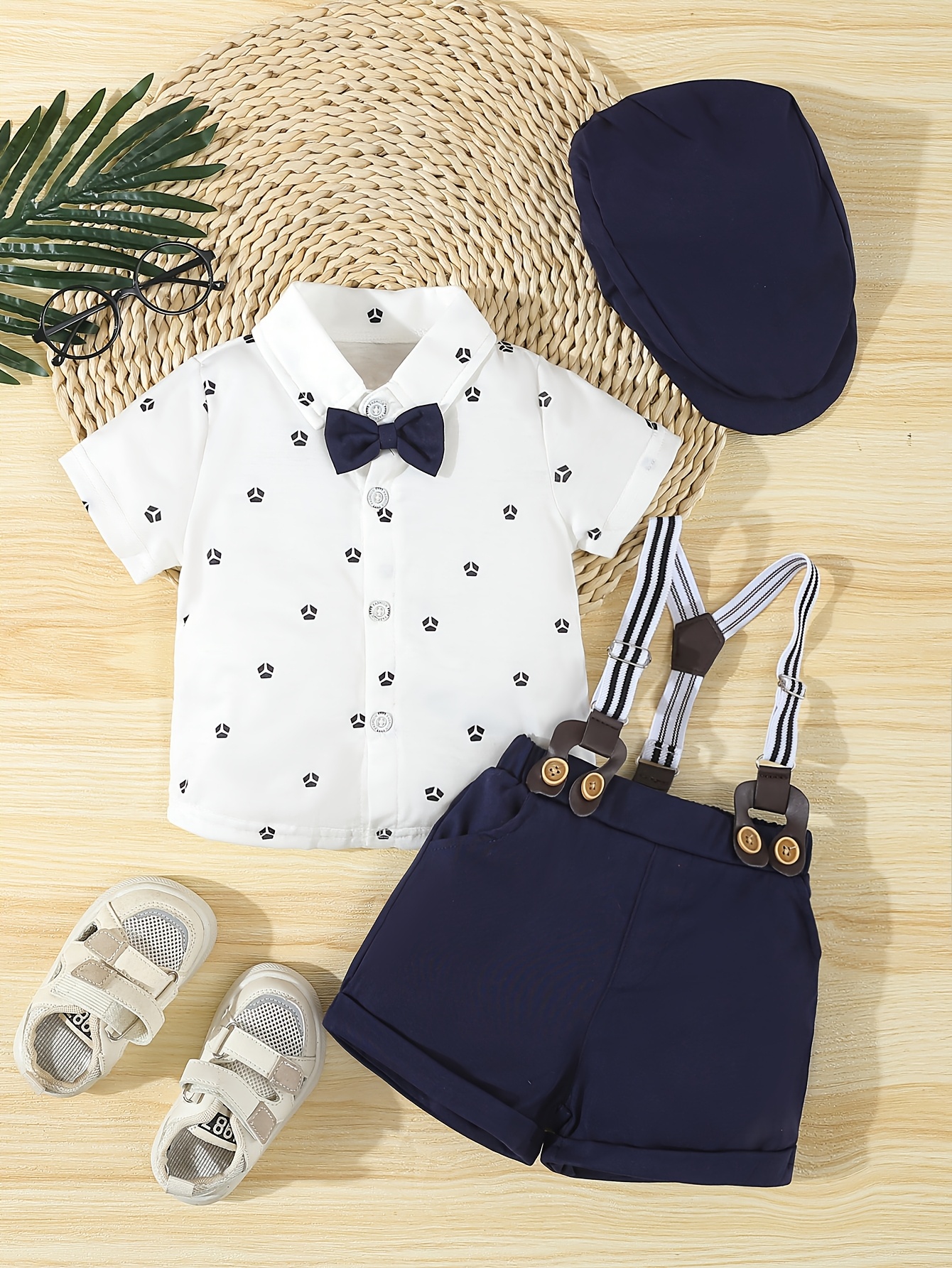 a formal three piece gentleman outfit for baby boys featuring a short sleeve shirt with geometric patterns and a bow tie shorts with suspenders and a   hat stylish and   its a   for summer birthday parties Product details 0