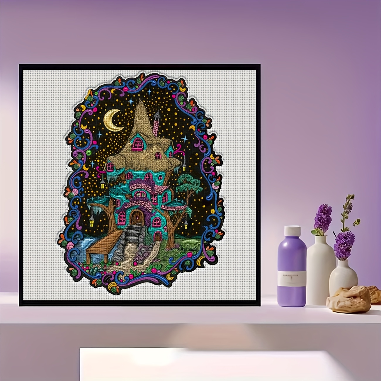 Printed Cross Stitch Kit, "Dreamy Colored House" Pattern for Beginners