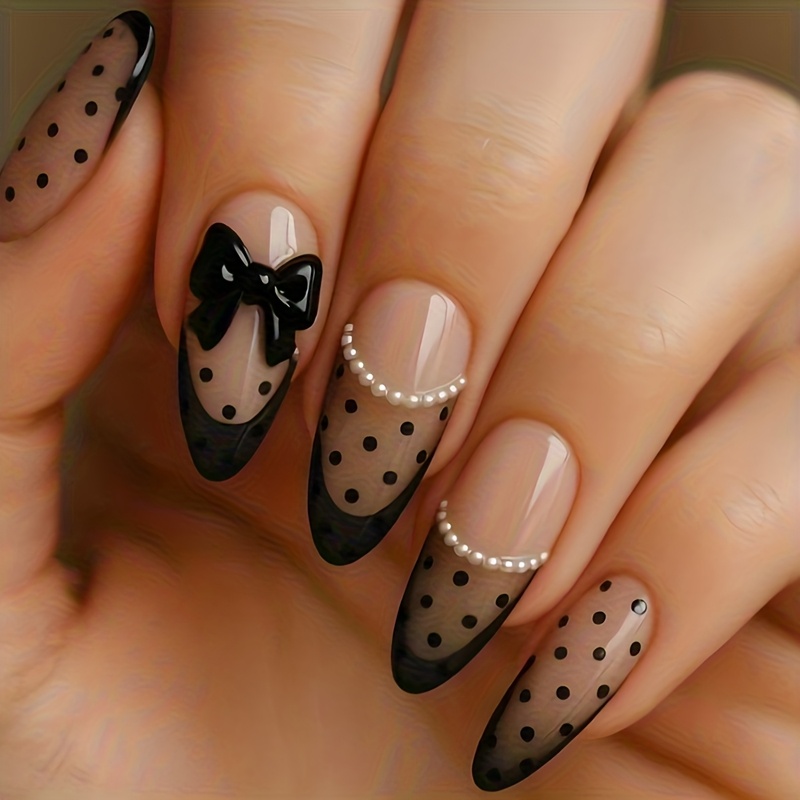 E-shop 24 Stück Mittlere Mandelform Press-On-Nägel Schwarze Nagelspitzen Künstliche Nägel mit Punkten & 3D Dekoration Schleifenverzierung Vollabdeckung