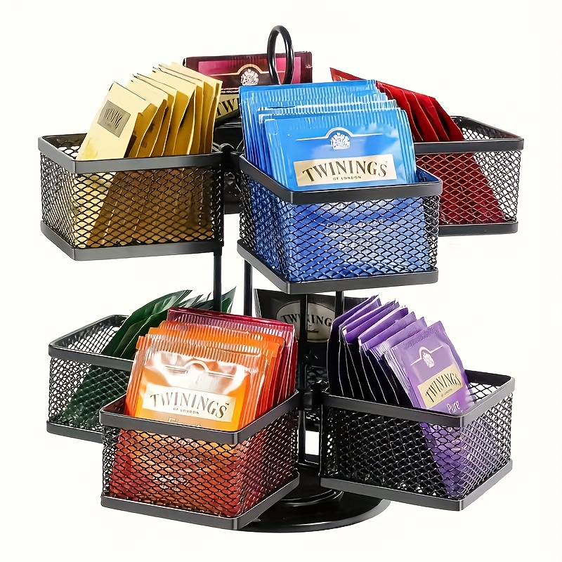 TEMU 360-degrees Spinning Carousel Tea Bag Organizer Storage Holder - 8 Compartments Lazy Susan Platform Display Rack For Kitchen Home Bar Counter - Black