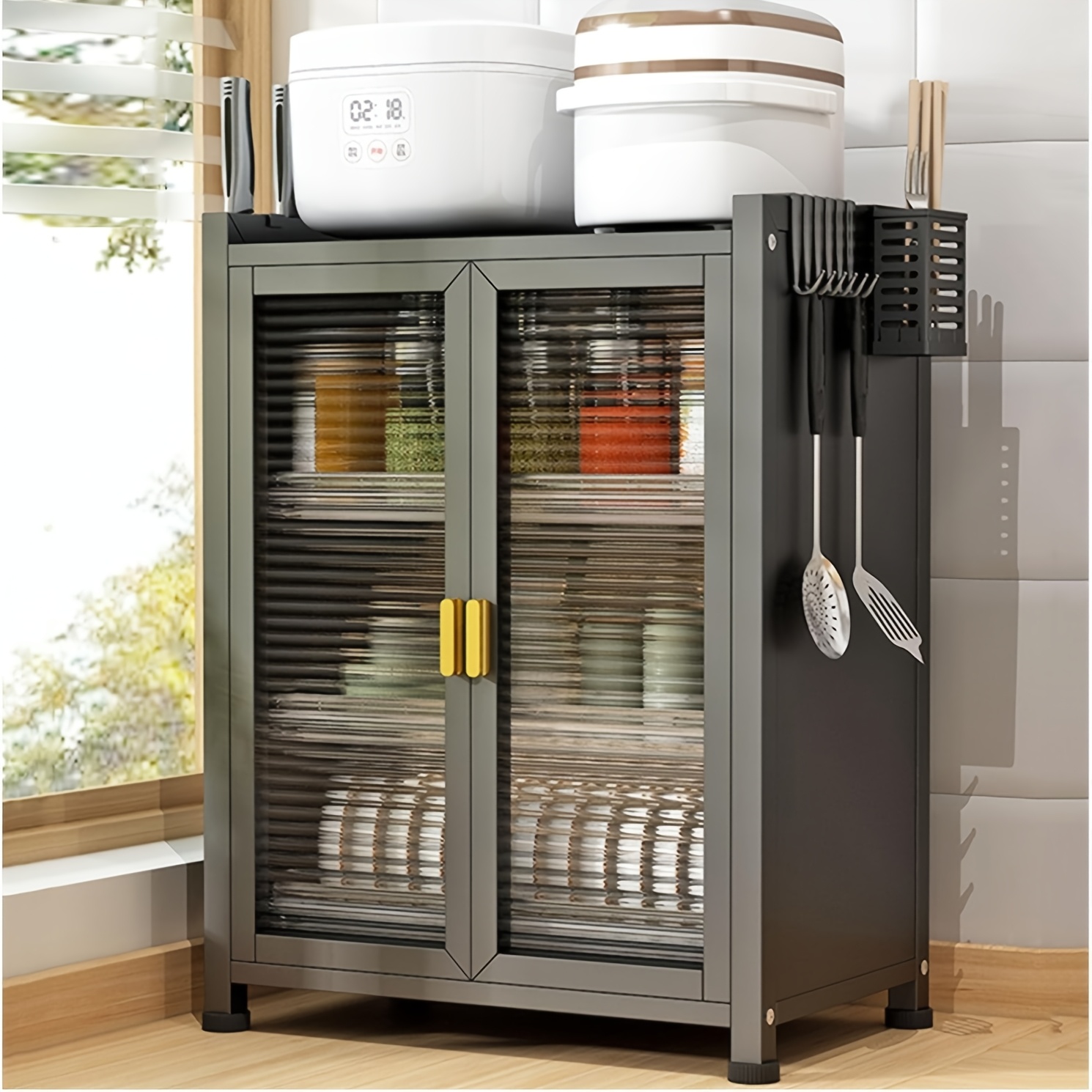 TEMU Multifunctional Kitchen Storage Cabinet, Rust-resistant Carbon Steel Organizer For Kitchen Jars, Bottles, Cookware, Bowls, And Dinner Plates