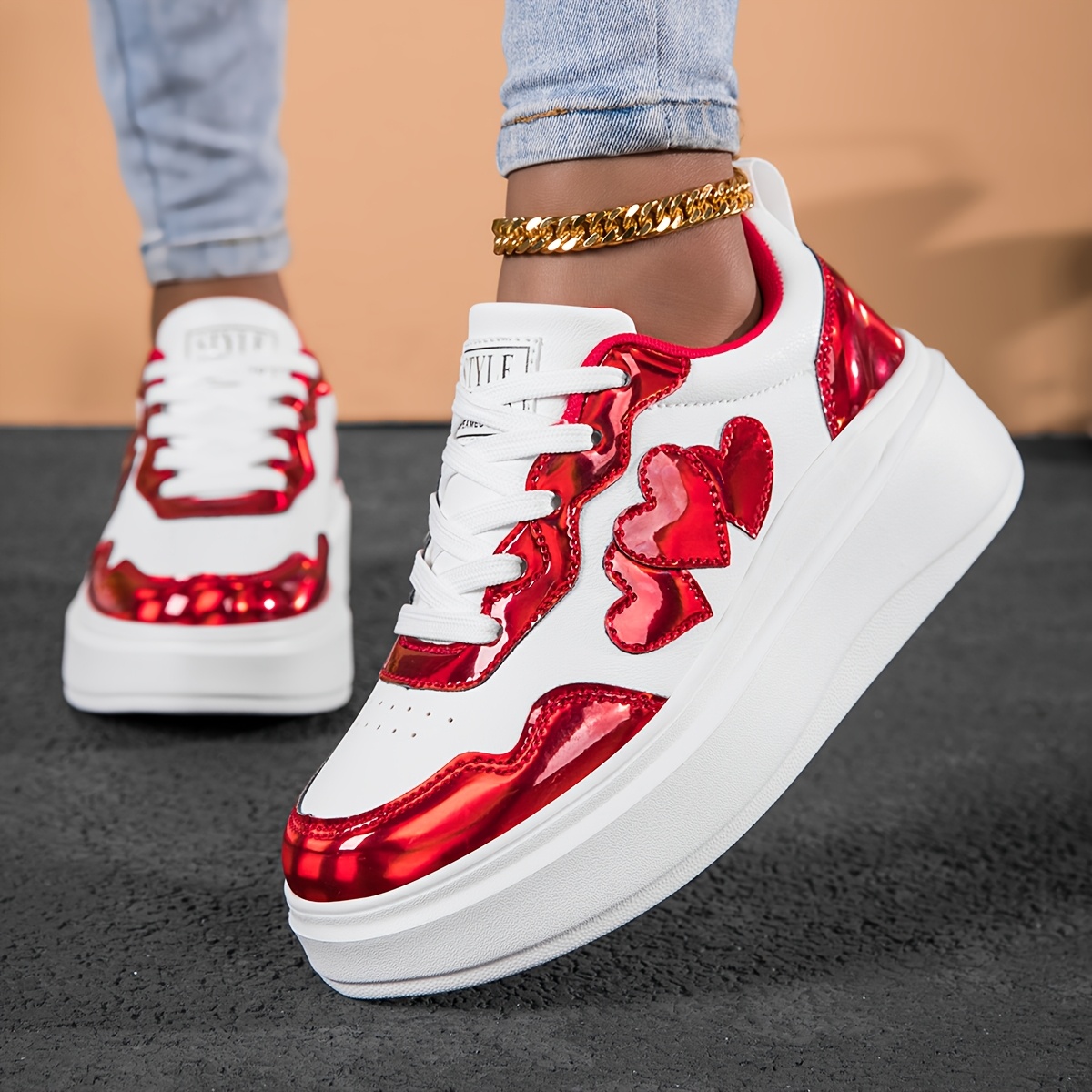 Image of 2025 Latest Style -print White Casual Sports Platform Sneakers, Loose-fit, Internet-famous, Comfortable, Trendy Shoes