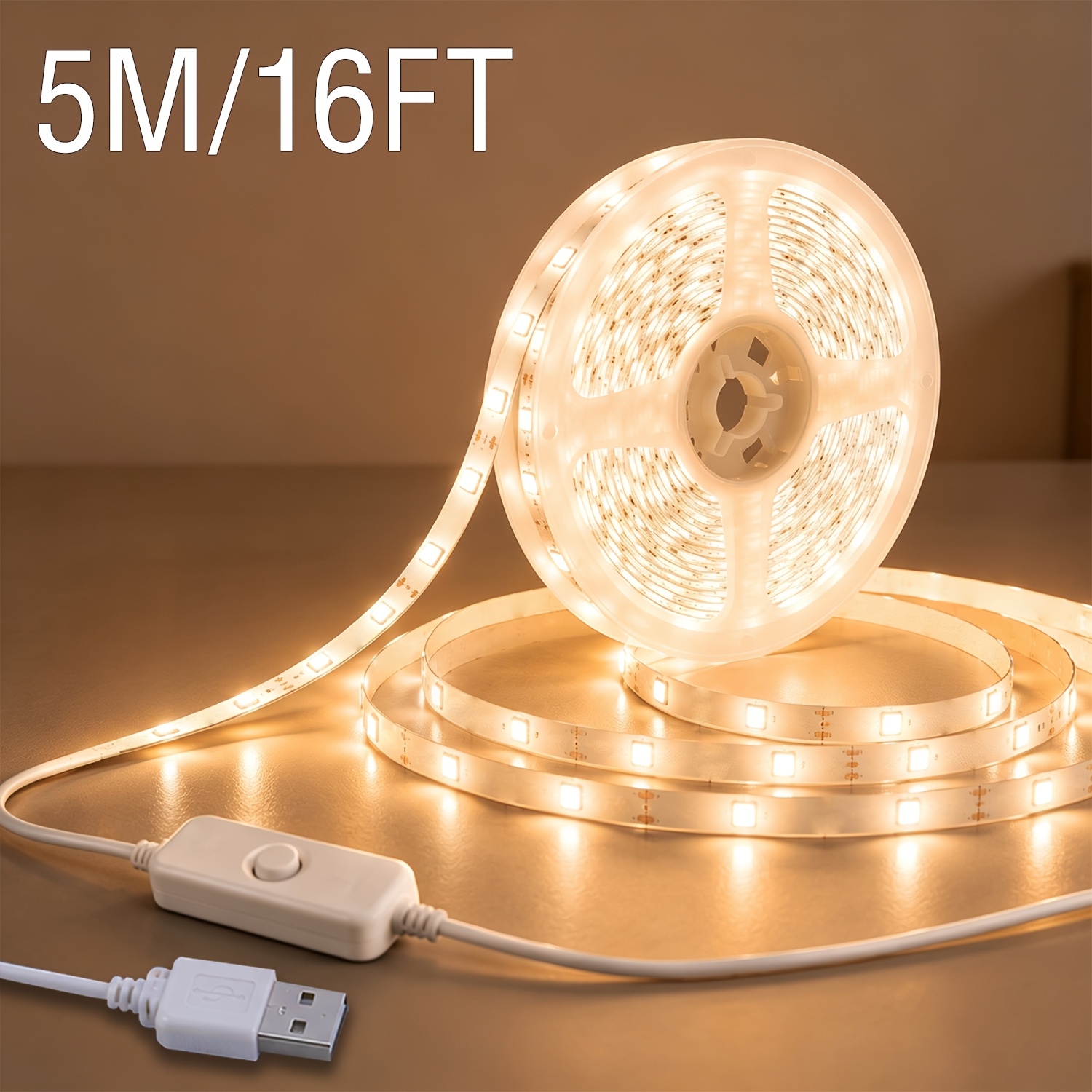 TEMU 16-49ft Warm White Led Strip Lights, Usb Powered, Cuttable Flexible Light Strip, For Bedroom, Kitchen, Tv Backlight, Cabinet And Home Decor