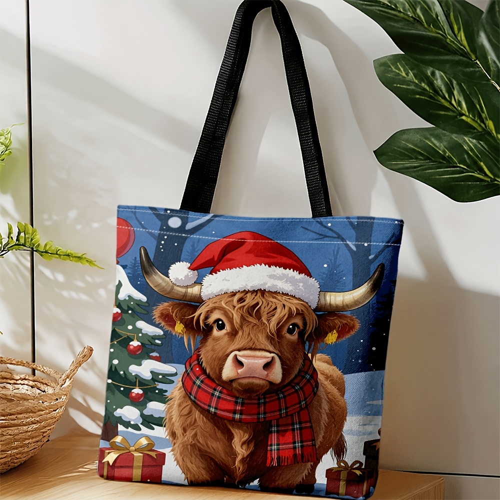 TEMU Men' & Women' Large Capacity Highland Cow Print Tote & Crossbody Bag Suitable For Daily Commute, Shopping, Christmas Gifts, Handbag With Strap,