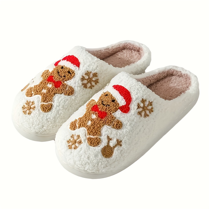 Image of Christmas Holiday Gingerbread Man Atmosphere Men Women Comfortable Fashion Casual Couple Style Plush Home Floor Slippers