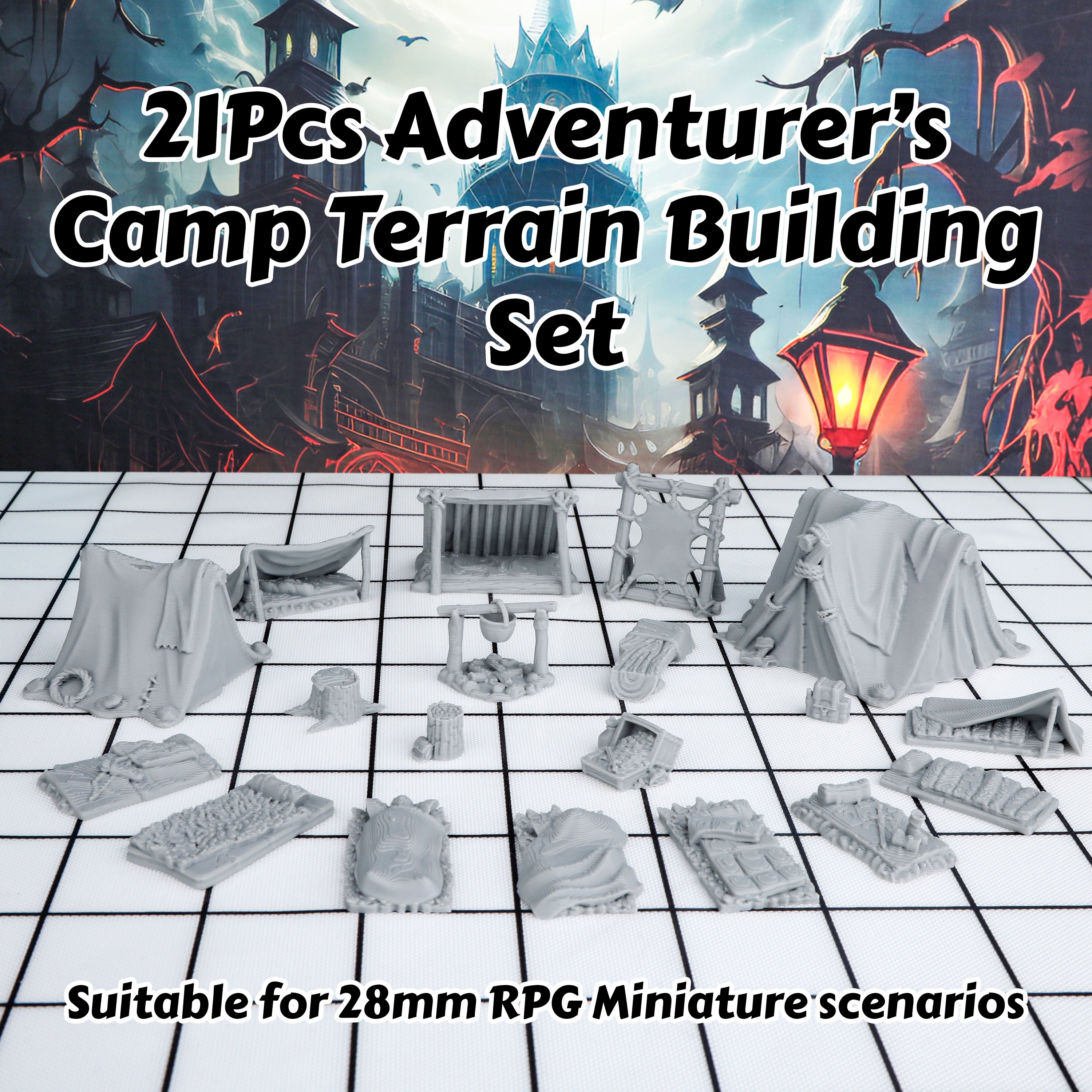 

Ensemble de Construction de de Camp DND 21pcs, Accessoires de Miniatures 28mm pour D&D pour Jeu de Rôle RPG Dungeons & Dragons, Cadeau pour DM