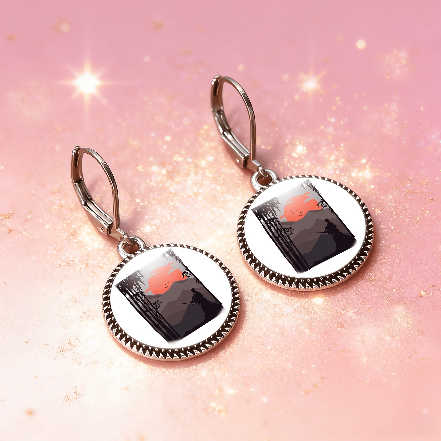 3pc Sunset Mountain Range Samurai Necklace & Earrings Set
