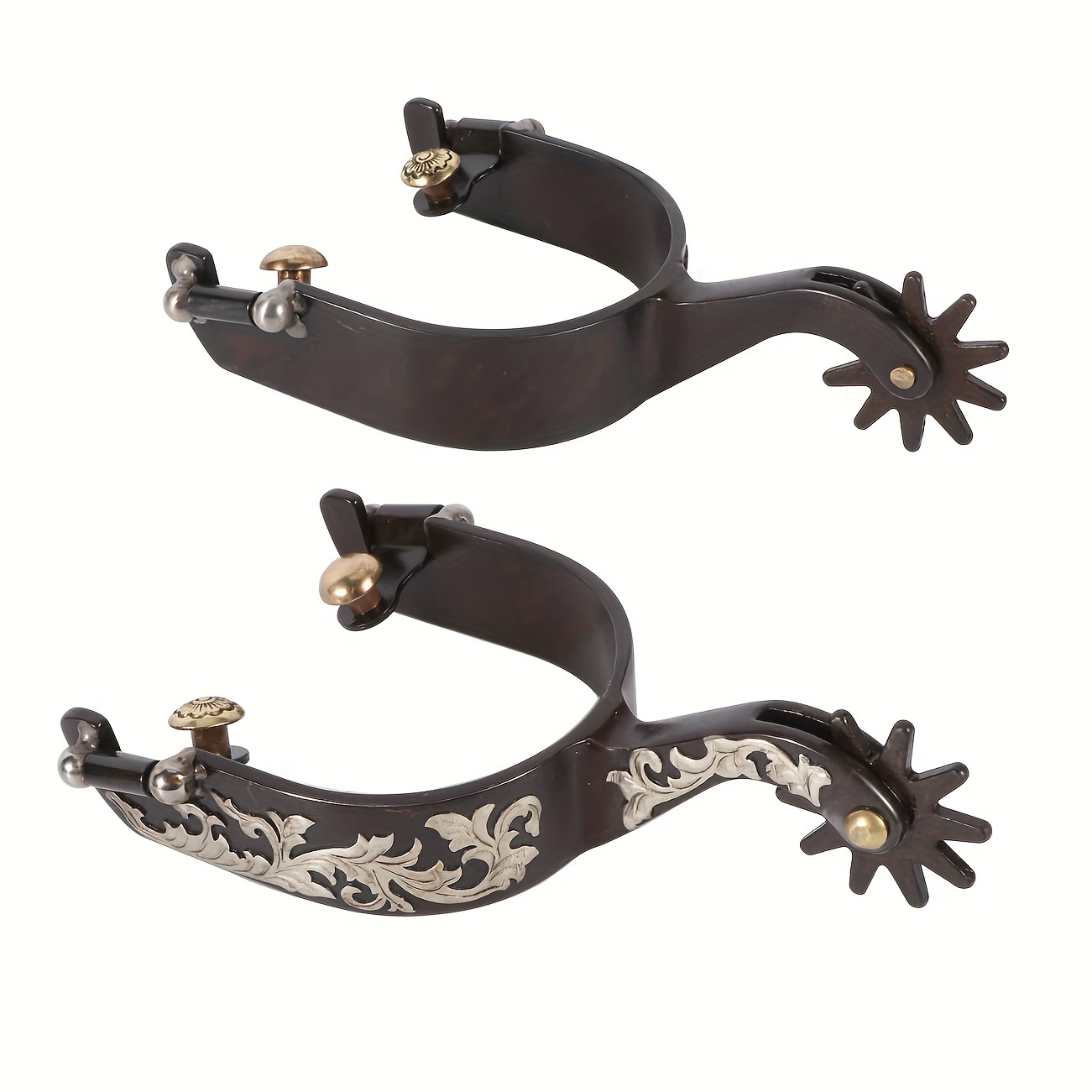 

Universal Fit Vintage-style Western Cowboy Iron Spurs, Set Of 2, With Rotating Rowel And Engraved Detail - Brass Swing Buttons, Compatible With Various Boot Types