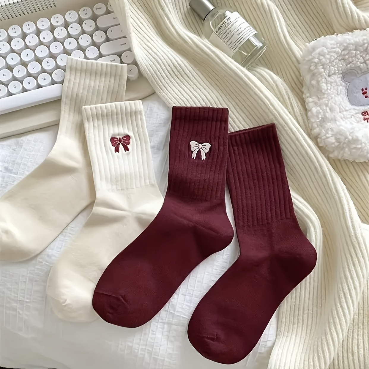 TEMU A Pair Of Women's Mid-calf Socks With Bows, Suitable For Autumn And Winter, In White And Burgundy