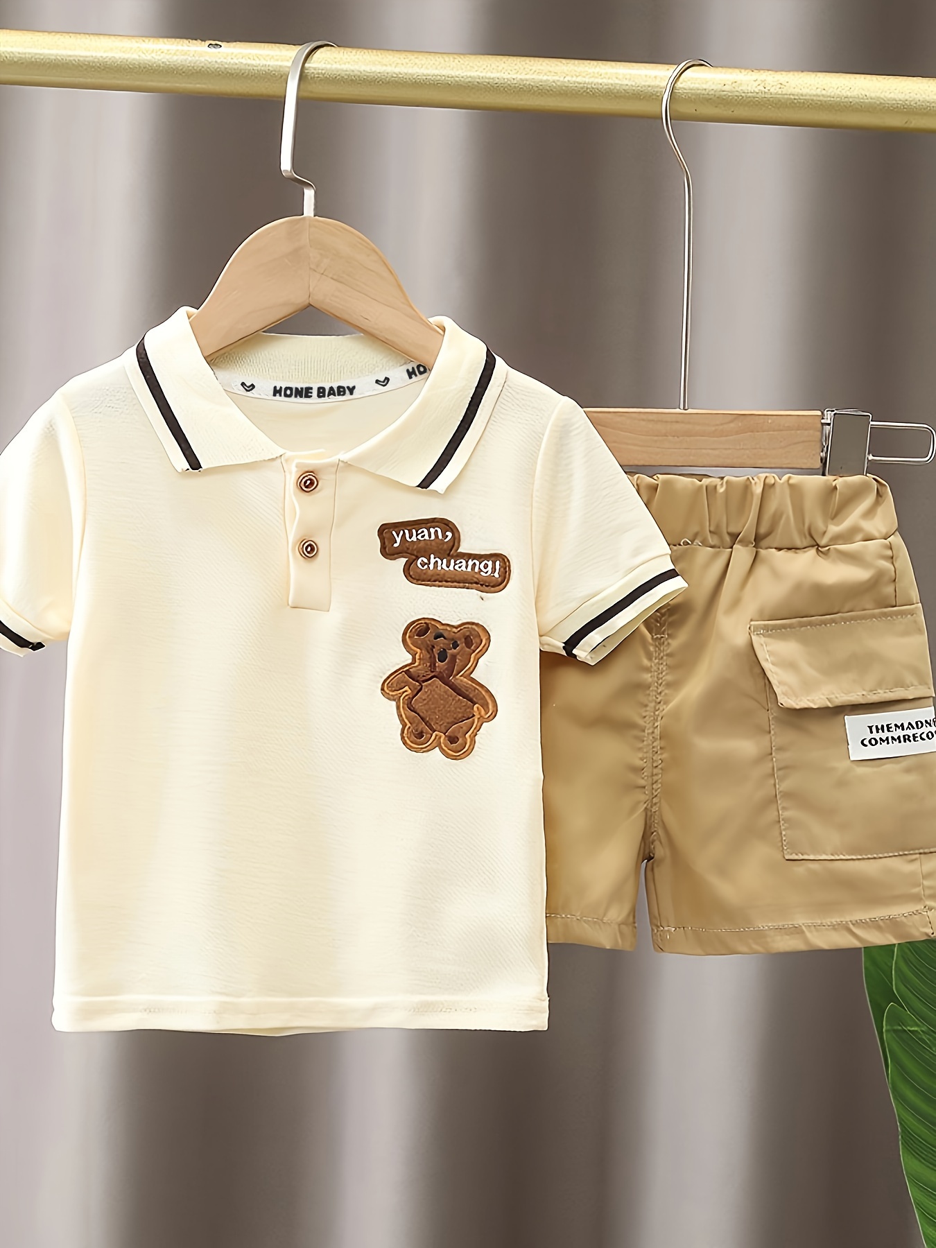 Baby's Cute Bear Embroidered 2PCS Summer Casual Outfit Short Sleeve Golf Shirt & Pocket Patched Shorts Set Toddler & Infant Boy'