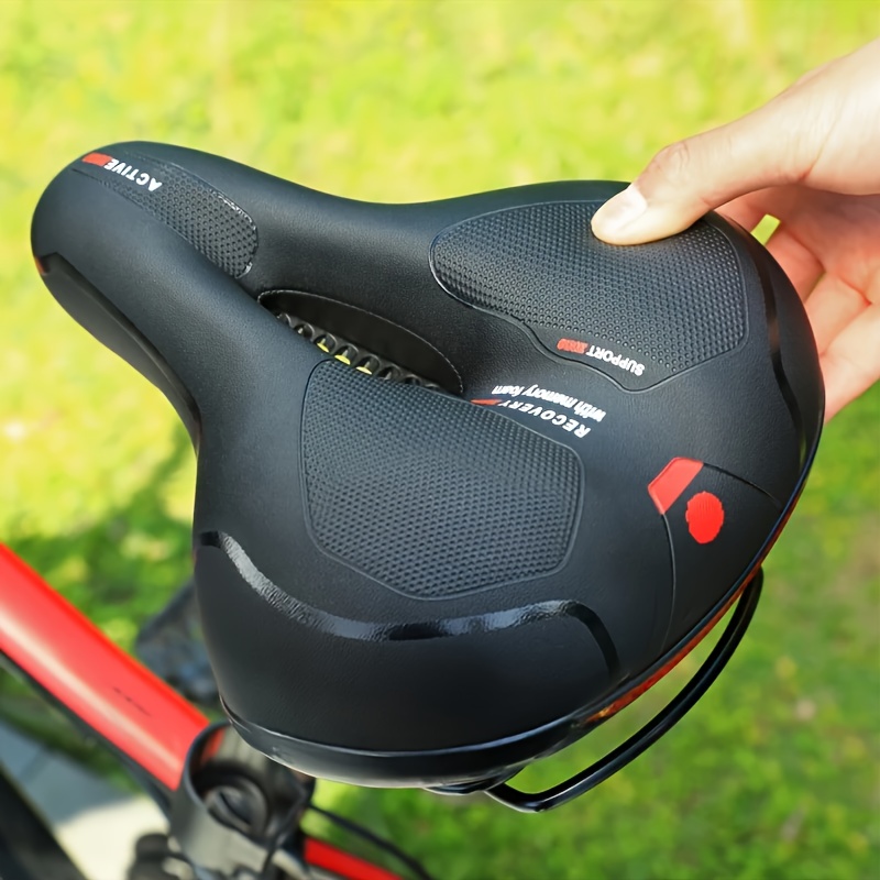 TEMU Bike Seat, Soft Gel Foam Padded Leather Bicycle Seat Shock-absorbing Waterproof Breathable Wide Bike Cushion With Reflective Strip For City Mountain Bikes.