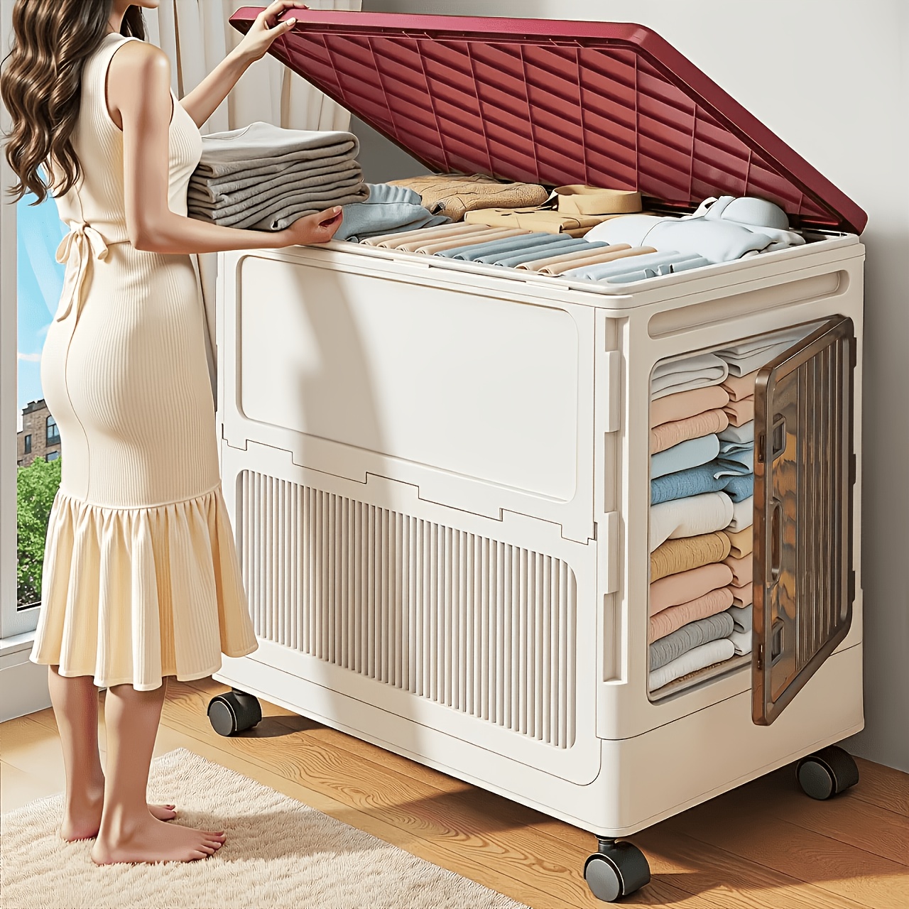 TEMU 32-gallon/64-gallon Extra-large Storage Bin, High-capacity Storage Cabinet, Foldable Storage Unit With Casters, Clothing And Bedding Organizer,