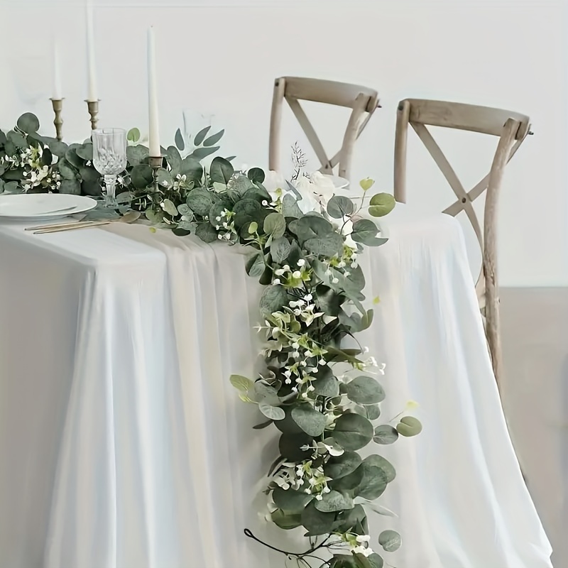 

6-pack Wedding Eucalyptus Garlands With White Flowers - 5.9ft Faux Silver Dollar , Plastic Eucalyptus Leaves With Gypsophila For Party, Decoration, Table Runners, Decor