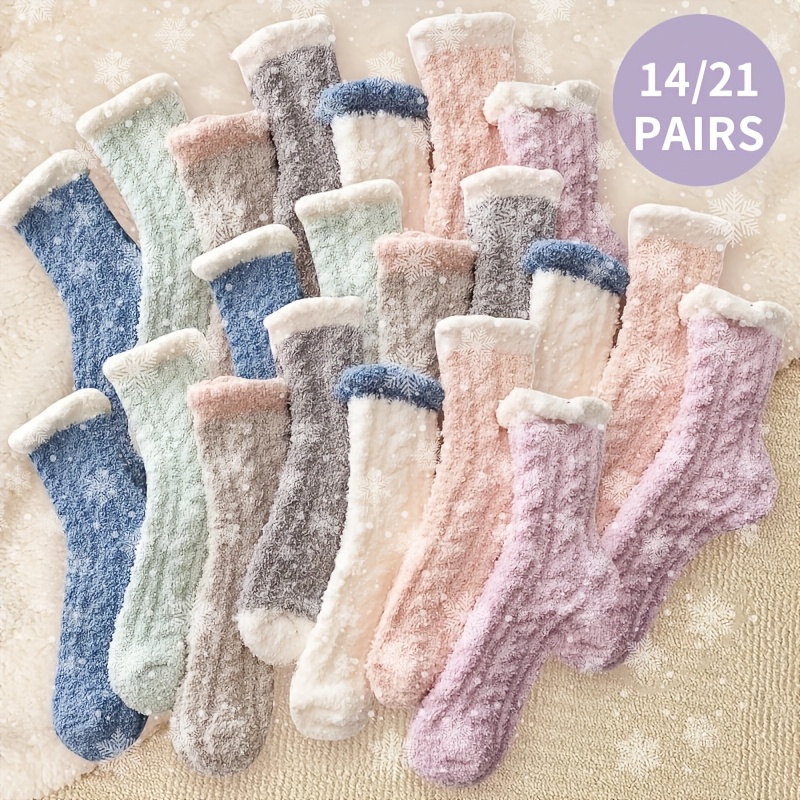 

14/21pcs Cozy Coral Fleece Women's Socks - Soft, Warm Mid-calf Floor & Sleep Socks, Solid Color