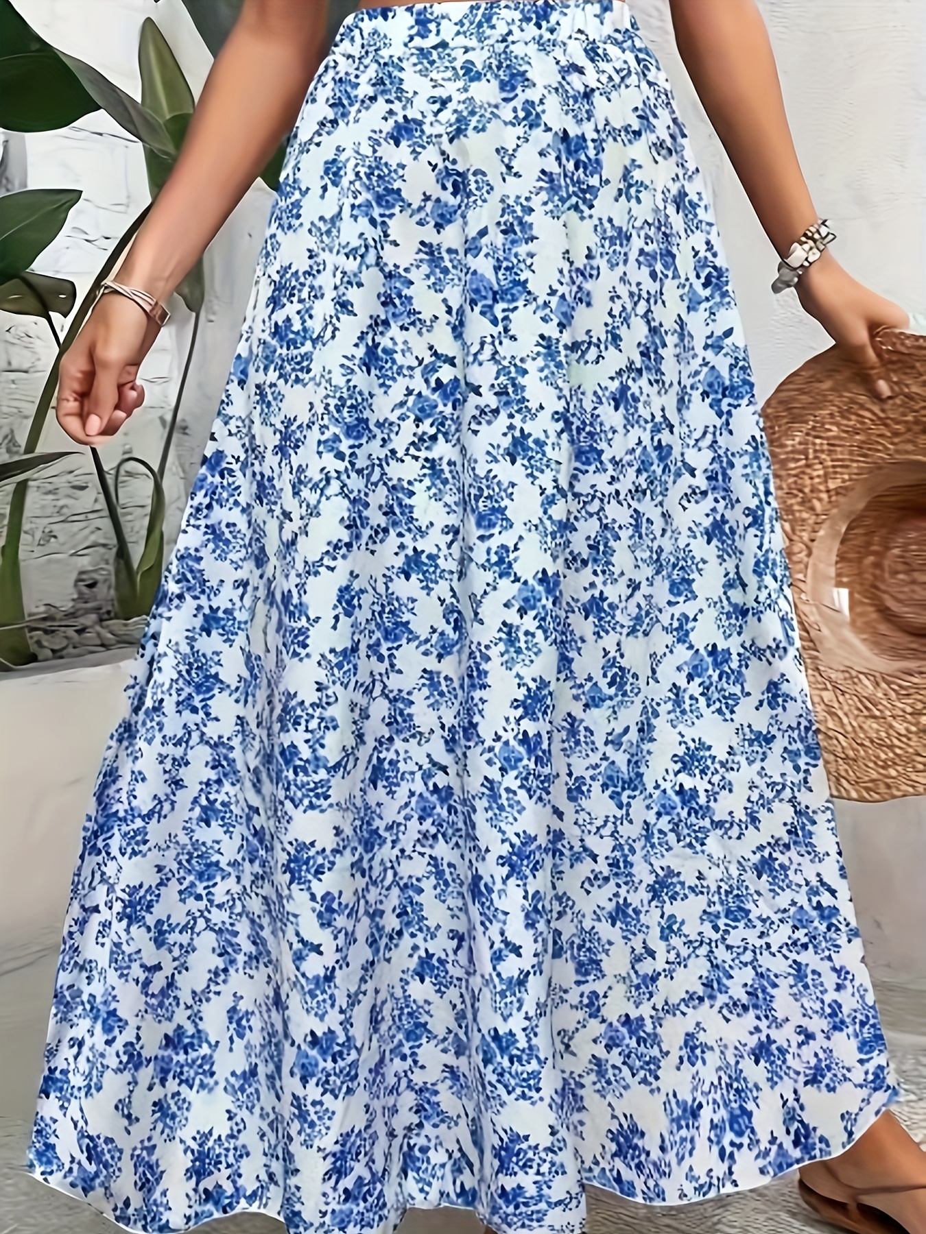 womens floral print maxi skirt blue white Temu Canada