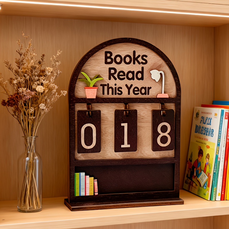 TEMU 2d Flat, 1 Set Of Wooden Annual Reading Count Ornament - With Base, , For Office Books, Modern Books, Sturdy Structure, Bookshelf Decor, Book