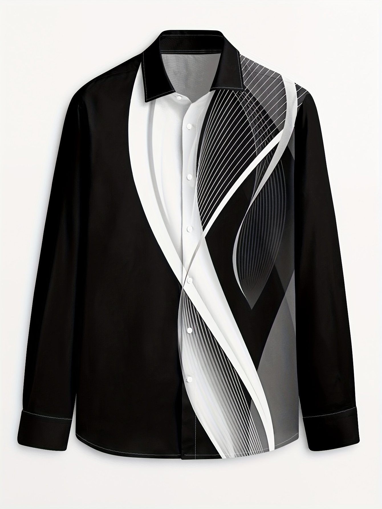 Men's Stylish Black and White Print Button-Up Shirt - Breathable Polyester, Long Sleeve with Lapel Collar, Casual Wear for Spring/Fall, Breathable Clothing | Modern Print Shirt | Polyester Fabric