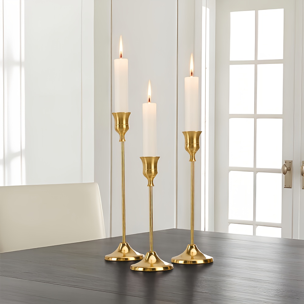TEMU 3pcs Vintage Candlestick Holders Brass Golden Candlestick Taper Candle Holders Decorative Fireplace Party Dining Room, Table Centerpiece,
