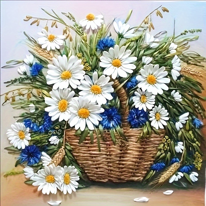 

1pc Diamond Painting Kit For Adults - 5d Round Floral Basket Art With Artificial Diamonds, Diy Canvas Craft For Beginners, Relaxing Gem Art Wall Decor Gift, Flower Theme