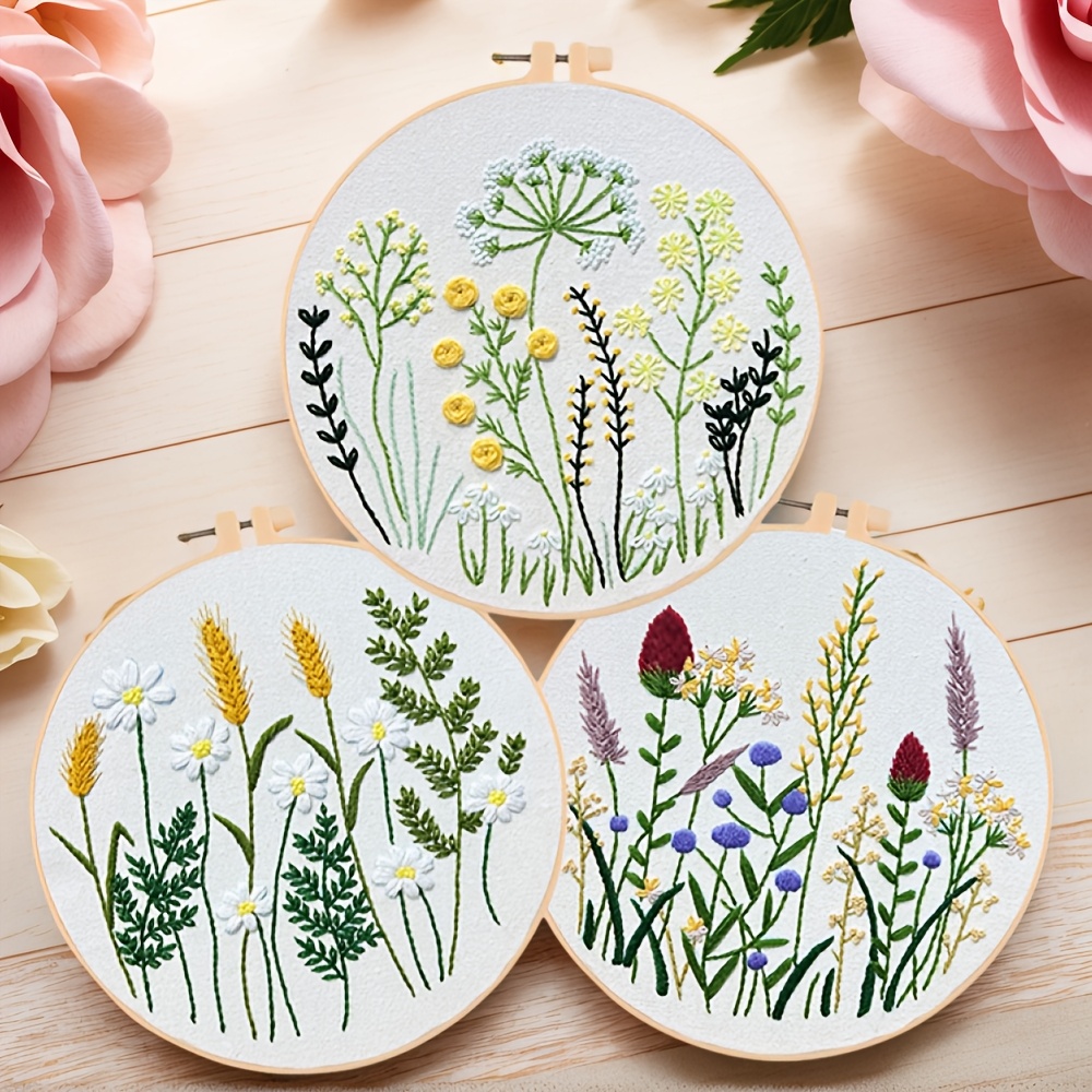 3pcs Embroidery Kit with Hoops Flower Pattern for Adults & Beginners