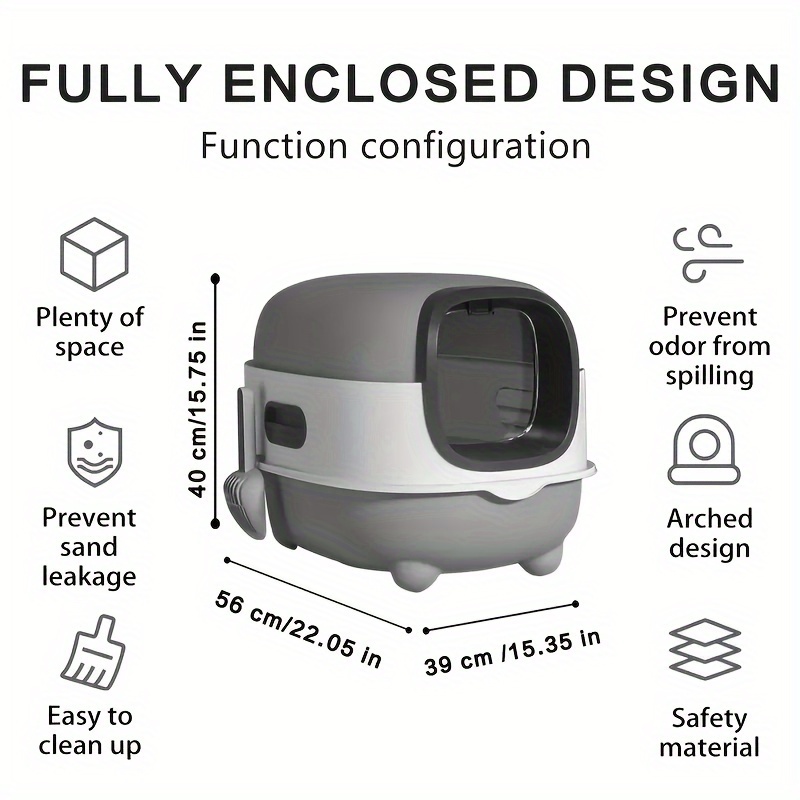 large cat litter box fully enclosed splash proof easy to store   can hold cat litter   with a shovel easy to clean suitable for small and medium sized cats Product details 1
