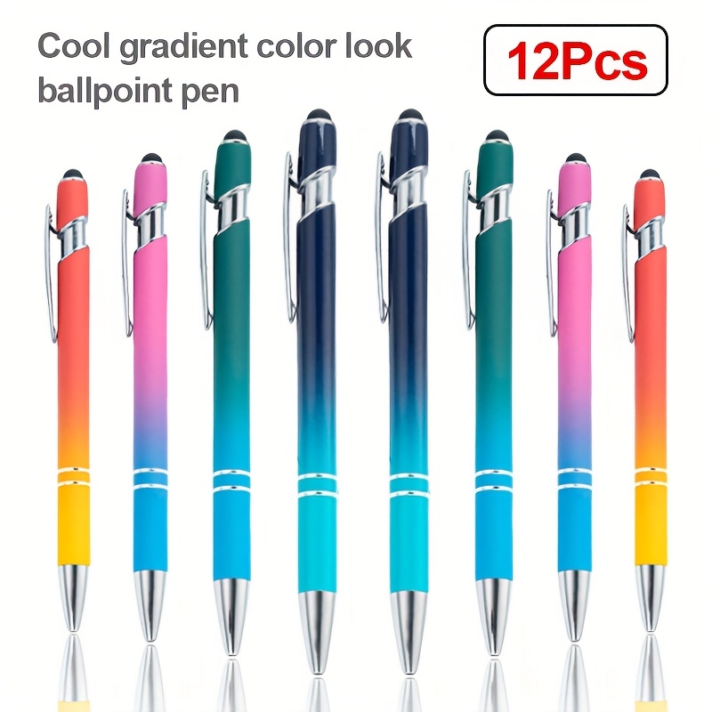 12pcs Metal Ballpoint Pens With Cool Gradient Colors, Retractable Structure, Black Ink, Smooth Writing, , Medium Point, Ideal For School And Office Use