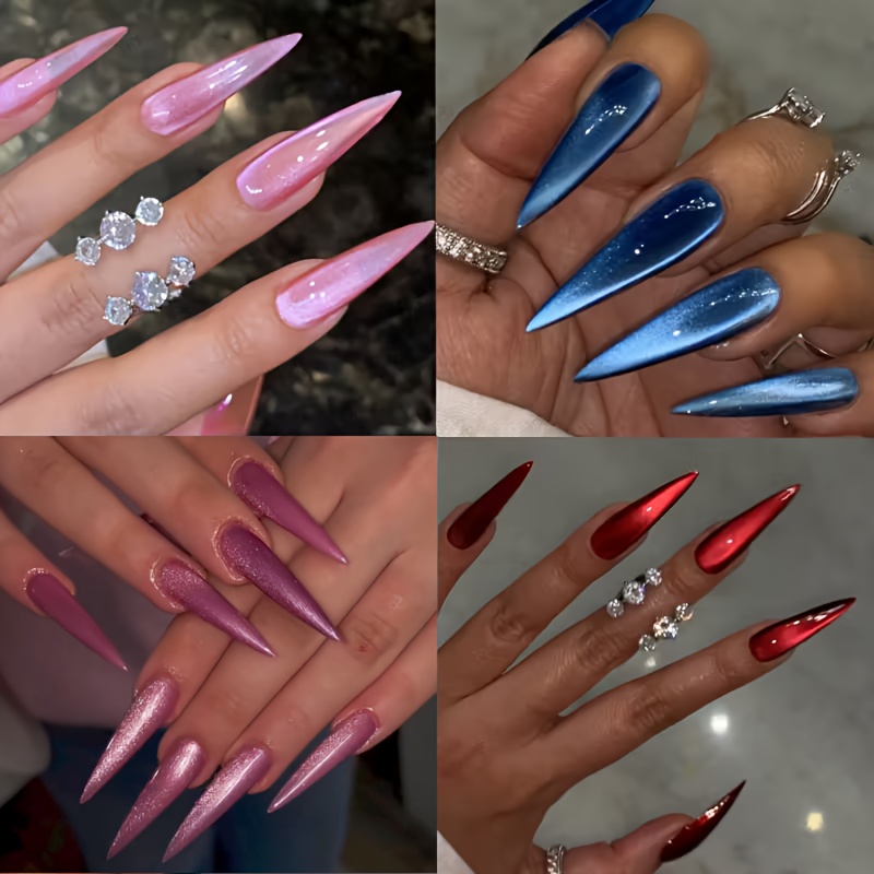 E-shop 96-tlg. superlange Mandelförmige Katzenauge-Press-On-Nägel, Rosa, Blau, Lila, Rote Kunstnägel, elegantes Katzenauge-Design geeignet für