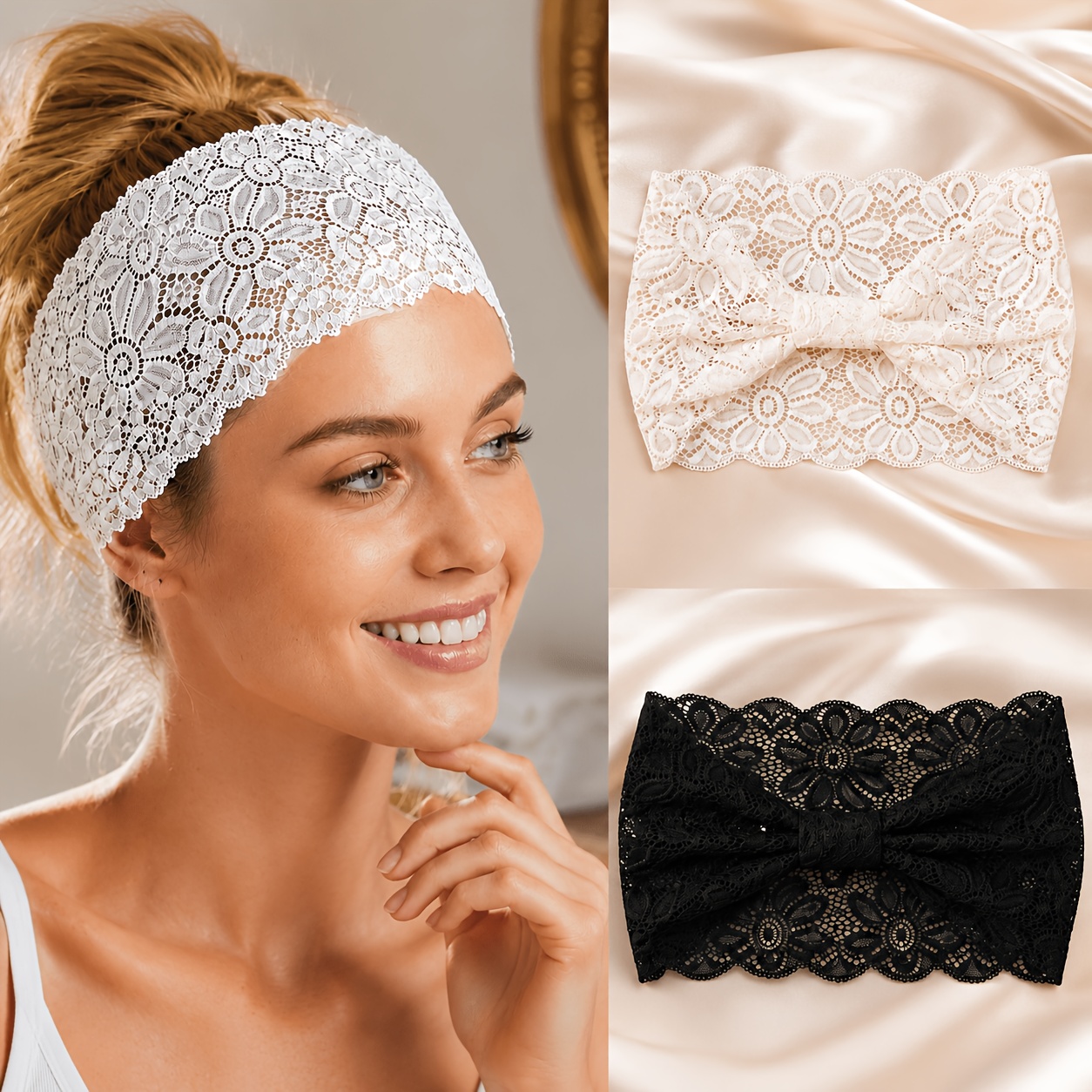 TEMU 2pcs Bohemian Vintage Lace Wide-band Stretch Headbands, Hollow-out Sunflower Floral Lace Design, Breathable Sports Headband To Cover Gray Hair,