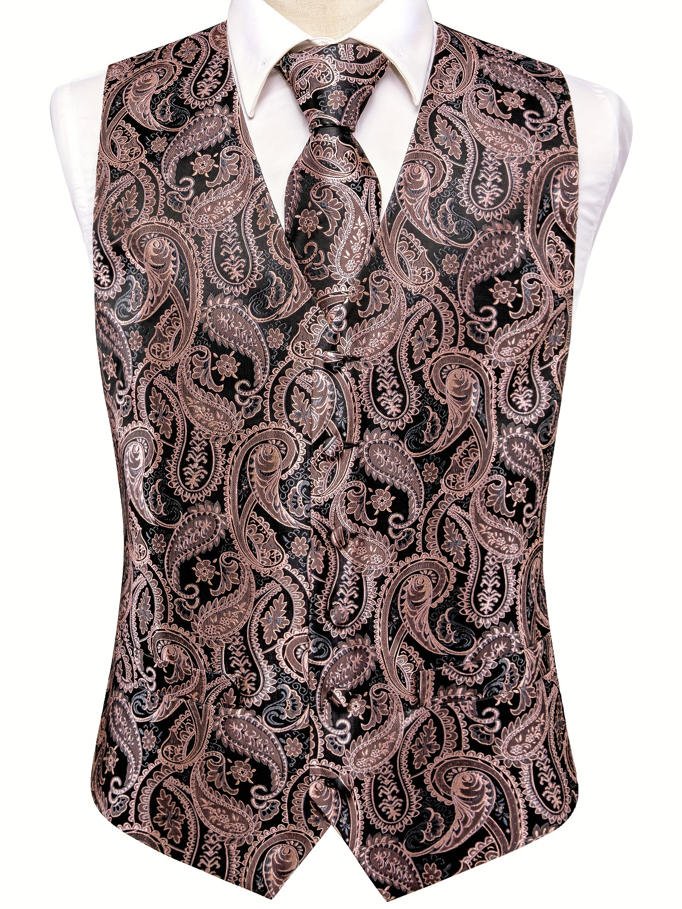 Men's Paisley Graphic Print V Neck Waistcoat & Necktie & Handkerchief & Cufflinks 4-piece Set For Party/wedding/formal Prom