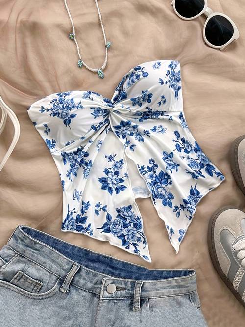 womens spring summer new arrival beach vacation daily artistic print strapless sweetheart knot front and high slit lightweight tube top