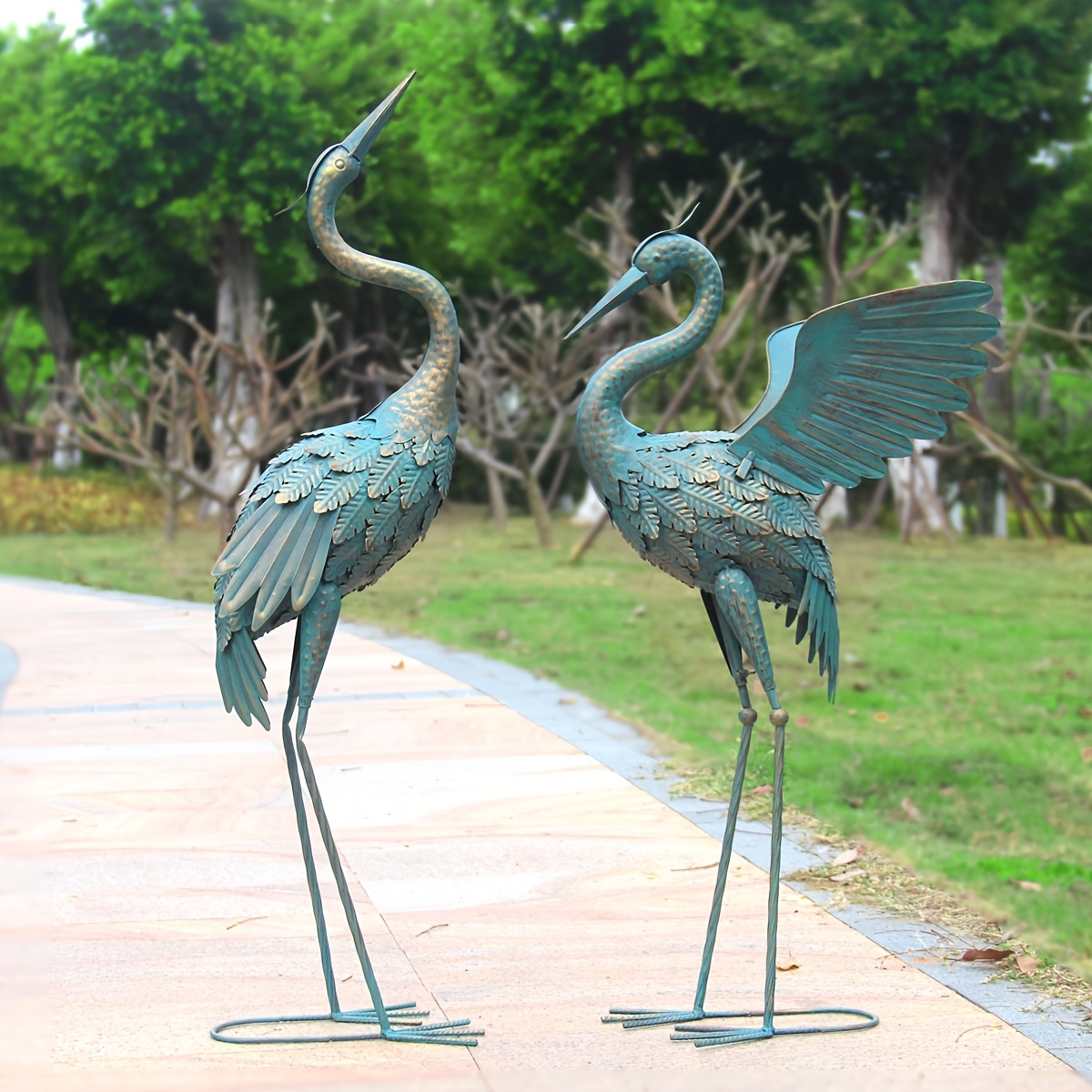 Image of 33-37 Inch Metal Crane Garden Statue Decor, Outdoor Statues, Bird Garden Sculpture & Statues, Outdoor Decoration For Yard Patio Lawn Backyard Pool, Vintage Crane, Set Of 2, Decorations