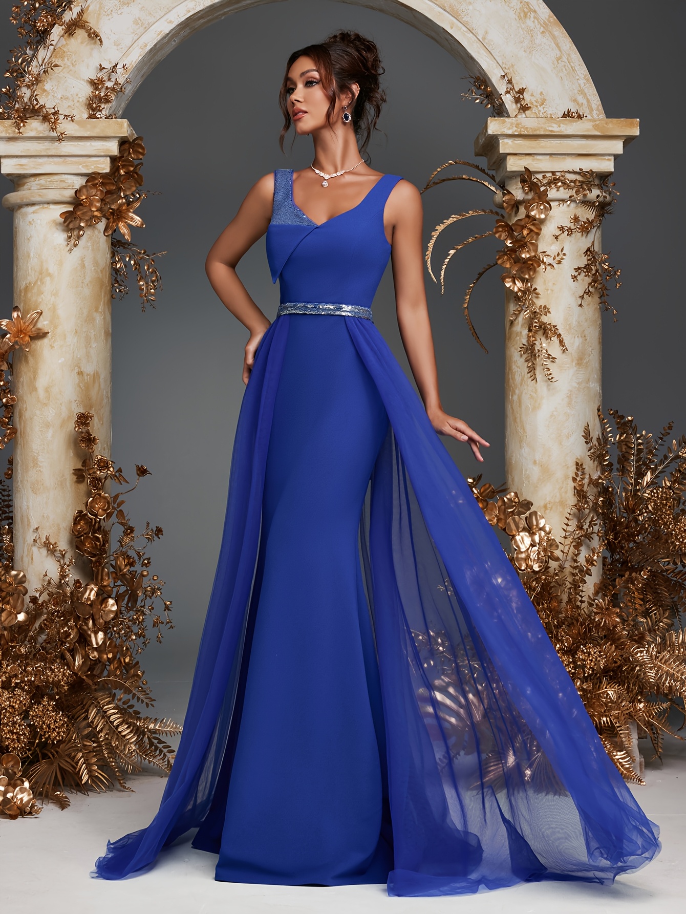 royal blue and gold formal dress Royal Blue Long Sleeve Prom Dresses Gold Quinceañera Dress FD1382 vini –  Viniodress main image 0