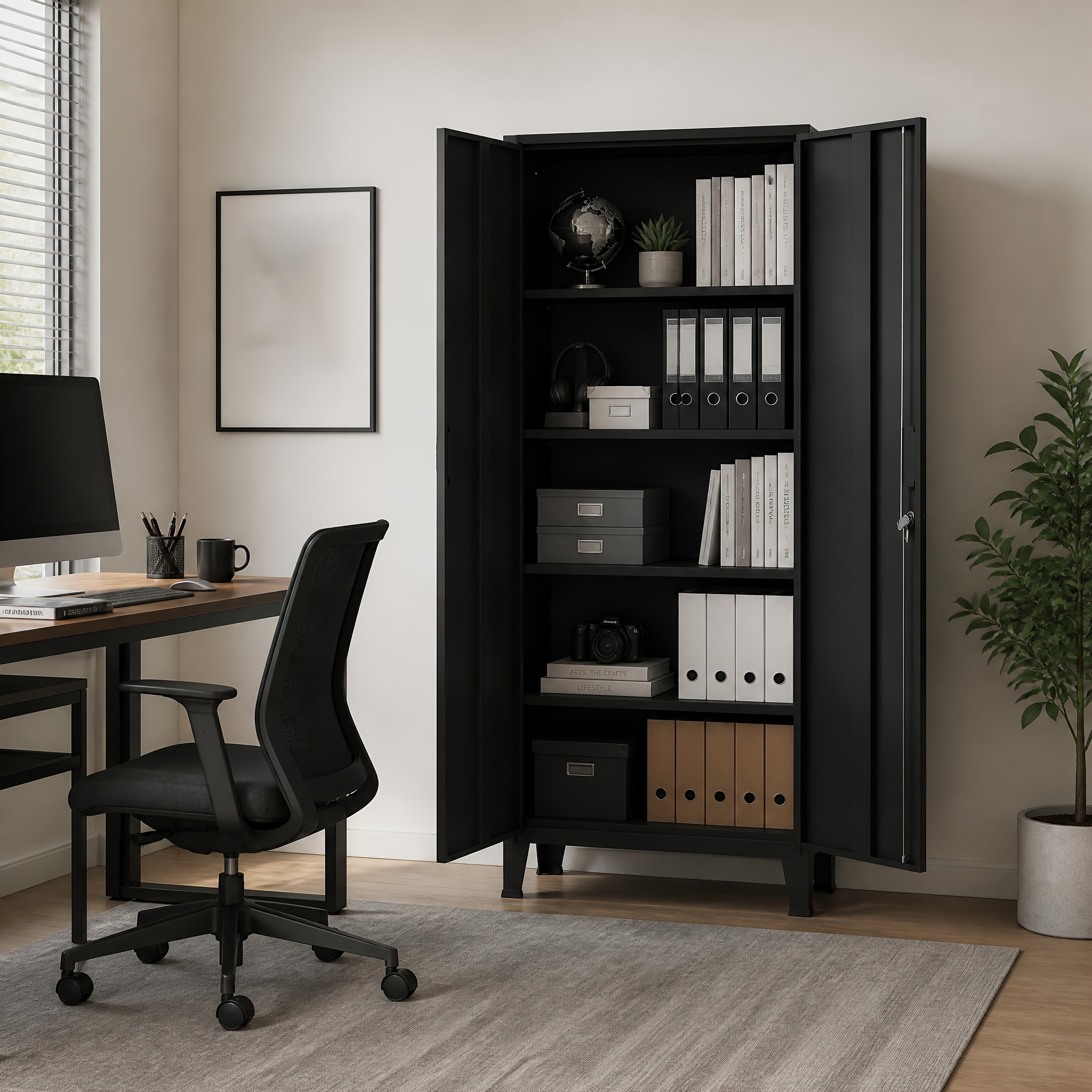 Image of Metal Office Storage Cabinet With Lockable , Practical Cabinet With Adjustable Shelves, Storage Cabinet For Workshop And Home Use, Black