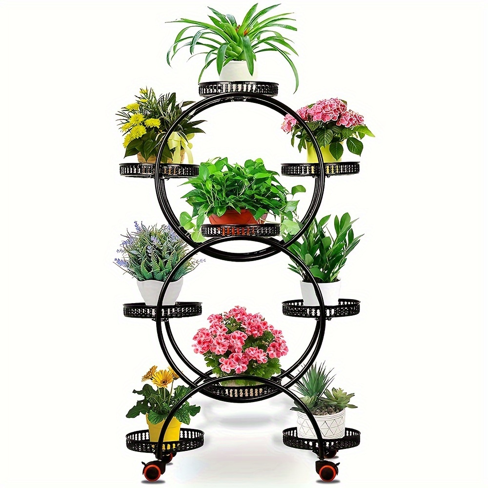 

6 Tier 9 Potted Plant Stand Metal Plant Shelf Black Floor-standing Holder Rack With Wheels For Balcony Patio Garden, 16.5lb Loading Tray, 19.7x11.8x46.9in