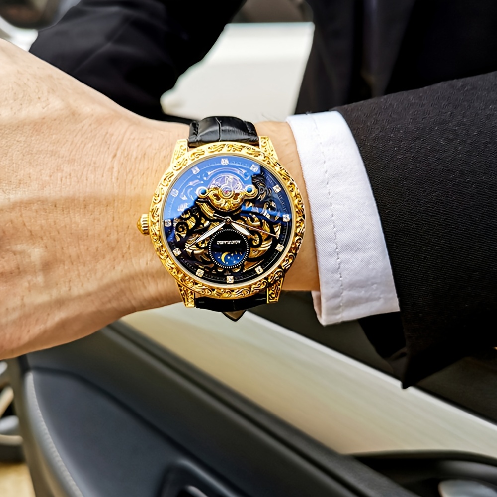 AOKULASIC 1pc Men Luxury Golden Skeleton Tourbillon Automatic Mechanical Watch for Men Luminous Hands Moon Phase Top Brand Black Faux Leather Strap Vintage Case Top Brand Business Casual Mens Watches Anniversary Christmas Valentine'S Day New Year Gifts, Without Battery