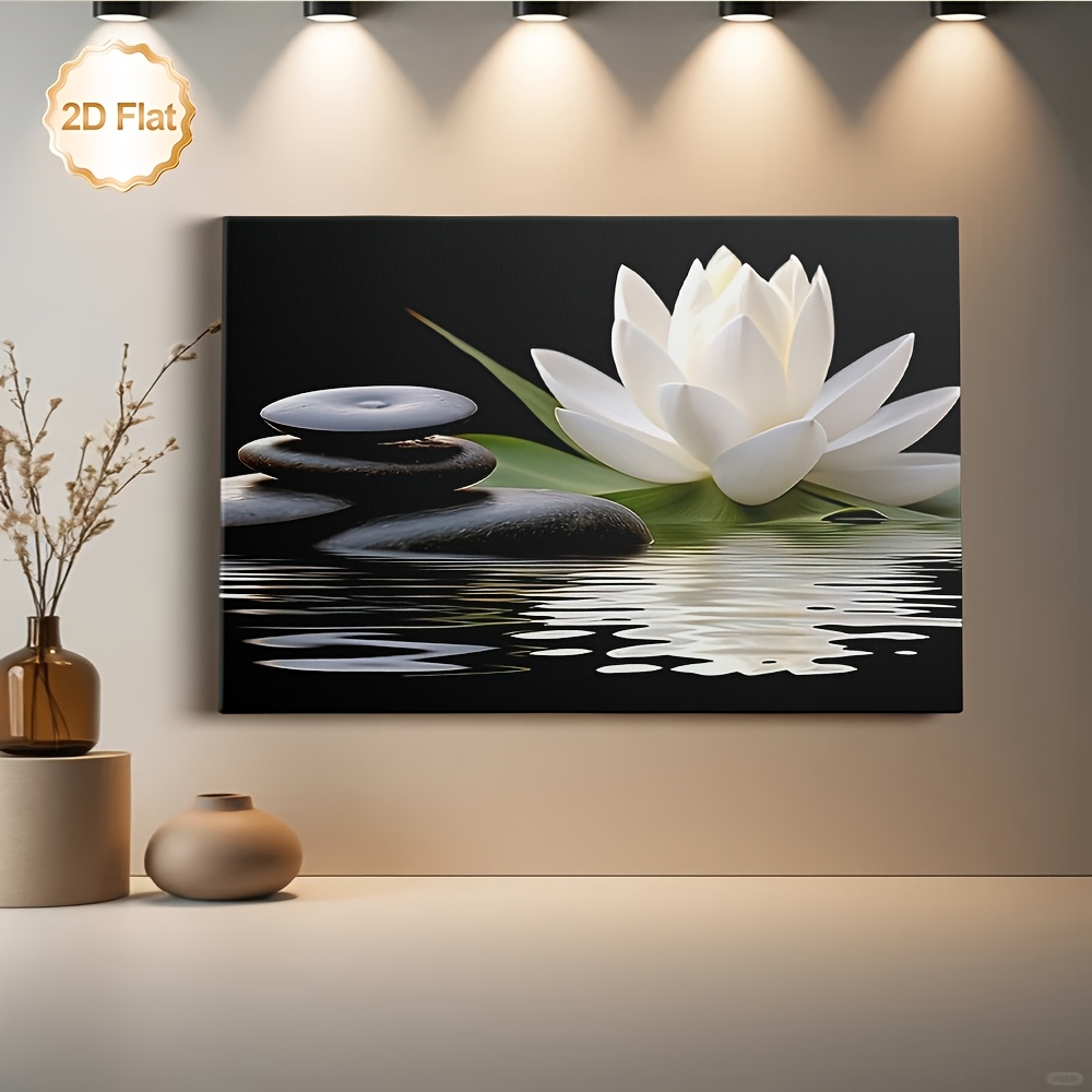 TEMU 2d Flat, 1pc Modern Minimalist Framed Canvas Wall Art - White For Lotus Flower Zen Meditation Decor With Suitable For Living Room, Bedroom, Spa,