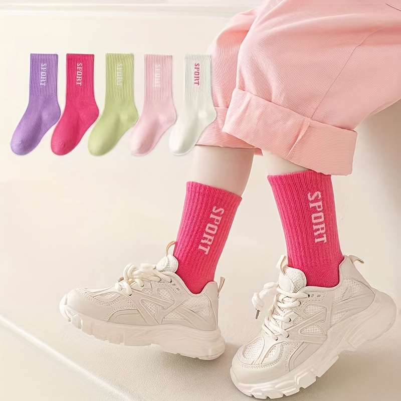 

5 Pairs Of Girl's Solid & 'sport' Letter Print Crew Socks, Comfy Breathable Casual Soft Elastic Anti Odor Socks For Kid's Outdoor Activities