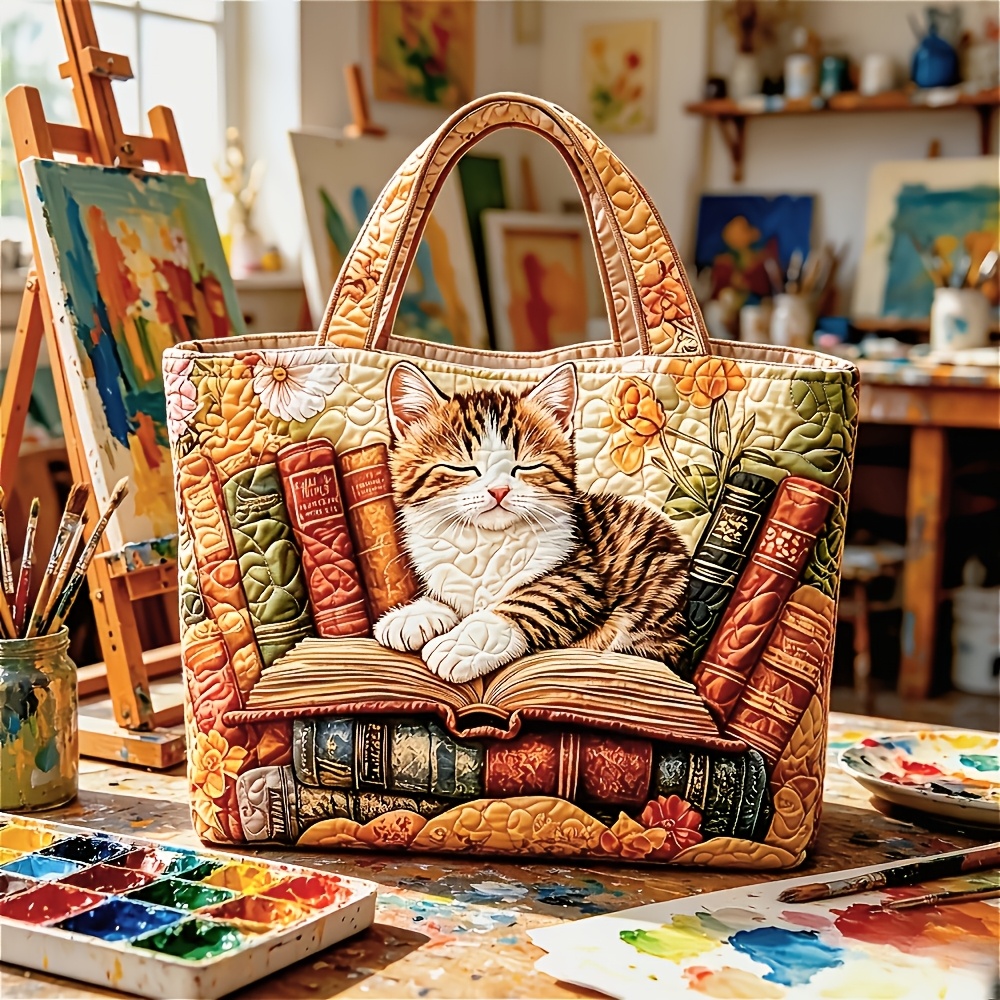 TEMU 2026 Cross-border Hot Item: Digital Printed Embroidered Tote Bag With Pattern, Featuring Tiger-patterned Cat Embroidery On A Book-filled Tote