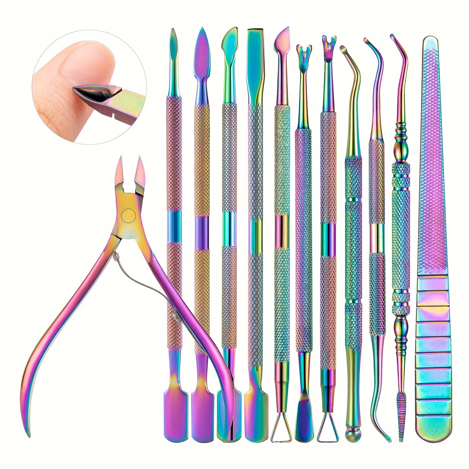 

12pcs Iridescent Manicure & Pedicure Set: Professional Stainless Steel Cuticle Scissors, Dead Skin Pushers, Nail Files & Uv Gel Remover Tools - -free, -quality Nail Care, Nail Tech Supplies