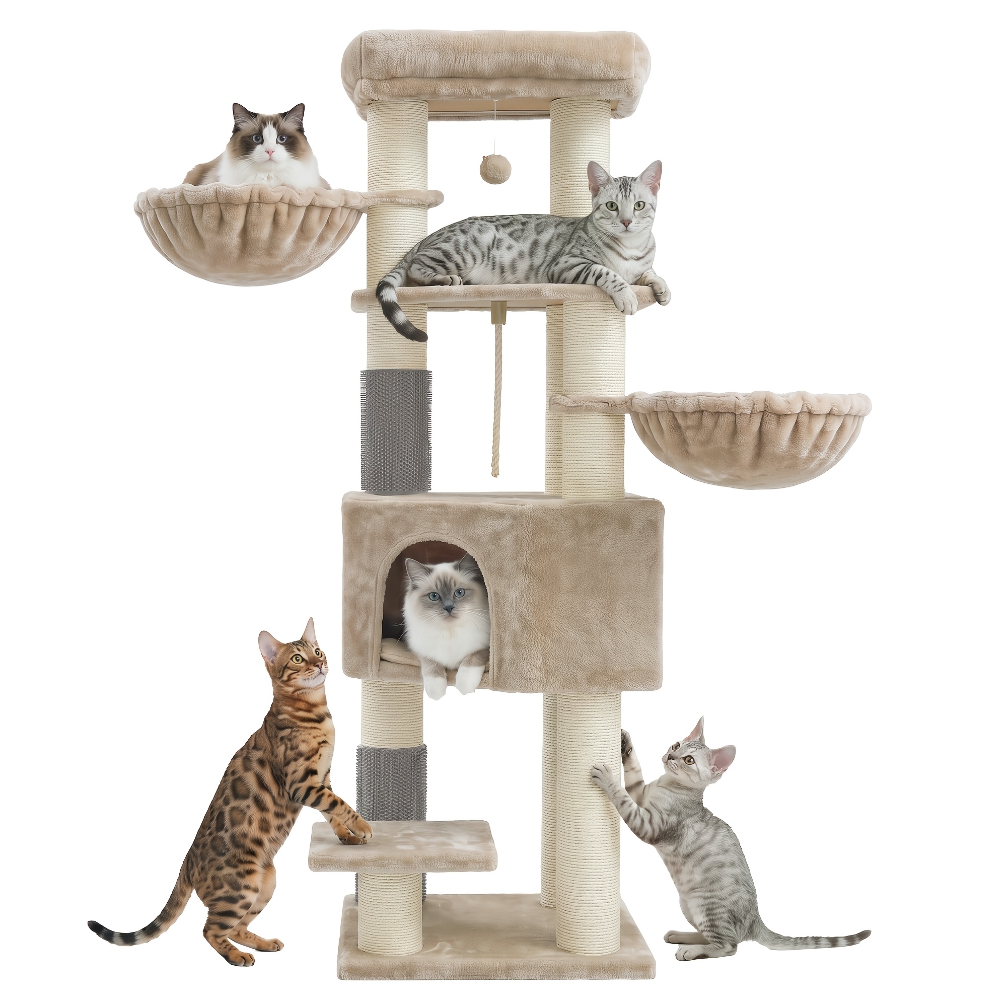 Image of Cat Tree, Scratching Post, With Self-warming Blankets, Cat Tree, 2 Cat Brushes, 11cm Thick Posts, Large Platforms, Cave, 52x52x155cm, Suitable For Multi-cat Households And Large Cats