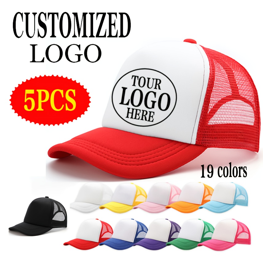 TEMU 5pcs Baseball Cap With Customized Logo For You, Adjustable Size Mesh Trucker Hat, 18 Colors White Black Gray Green Purple Army Color, Diy Hat