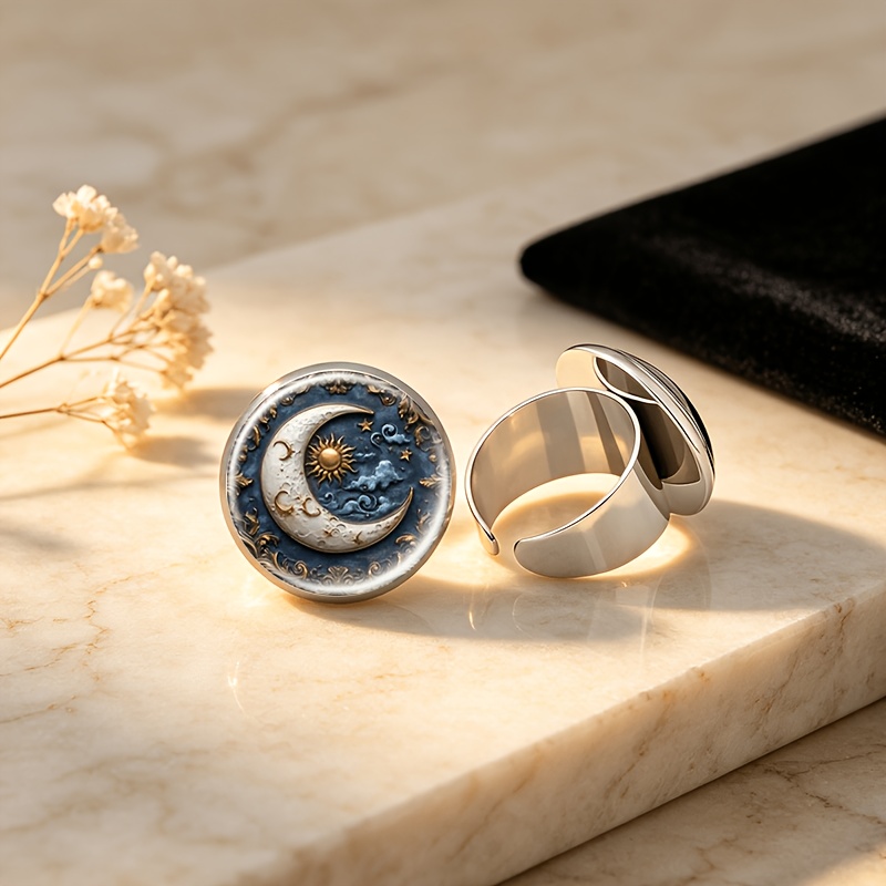 Adjustable Size White Ring with Sun and Moon Design