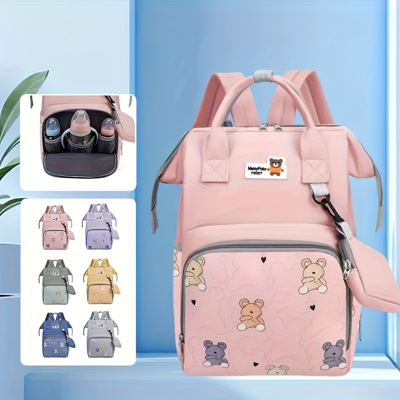 Bolso de Pañales y Mochila Compatible para - Estampado de Oso Lindo con Cierre de Broche, Bolso de Pañales Suave, Bolso de Viaje de Gran Capacidad, Organizador de Múltiples Bolsillos (Brillante,,,) - Multiuso para el trabajo
