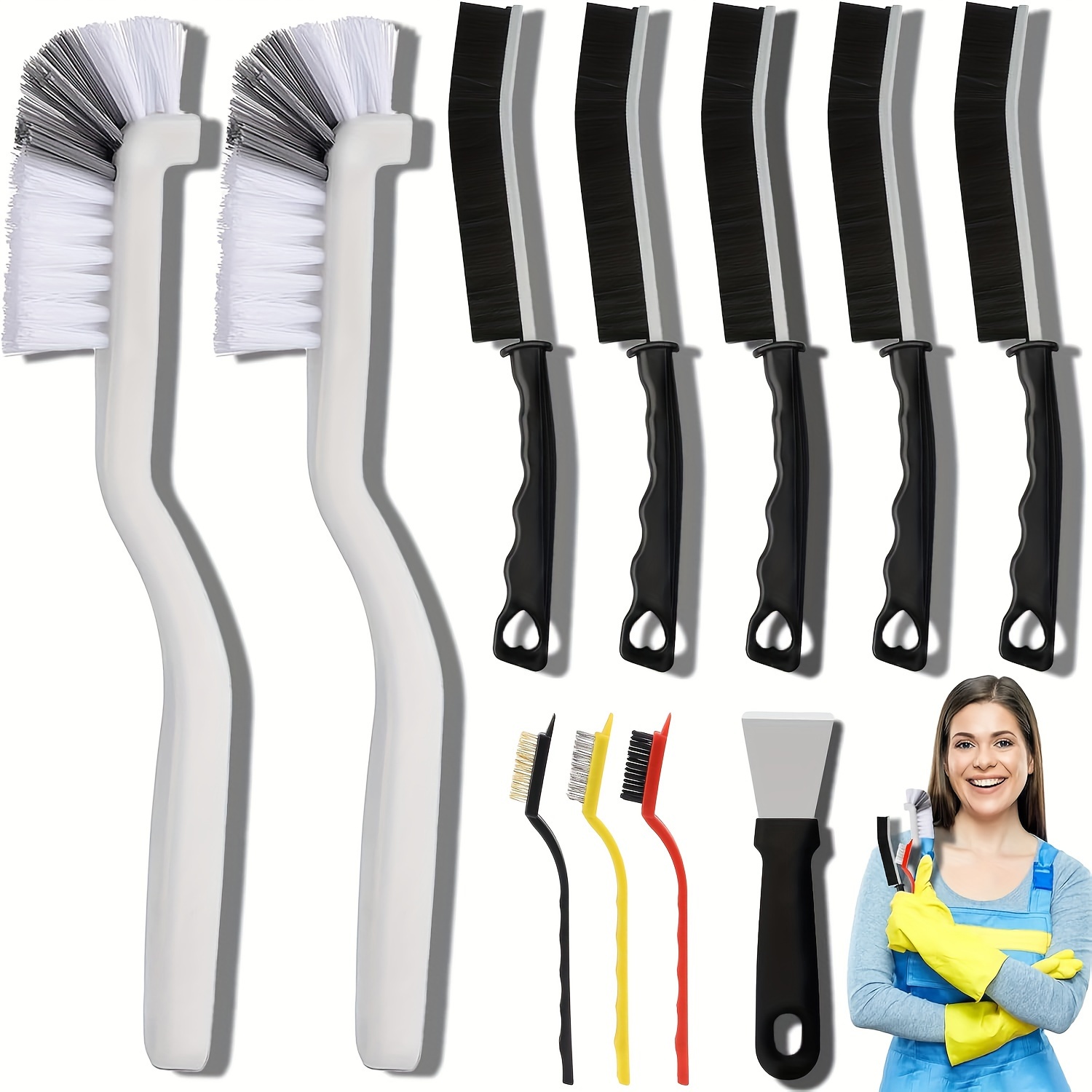 

Multi-purpose Crevice Brush Set: 11 Pieces Of Hard Bristle Cleaning Tools For Tight Spaces - Perfect For Kitchen And Bathroom Cleanups