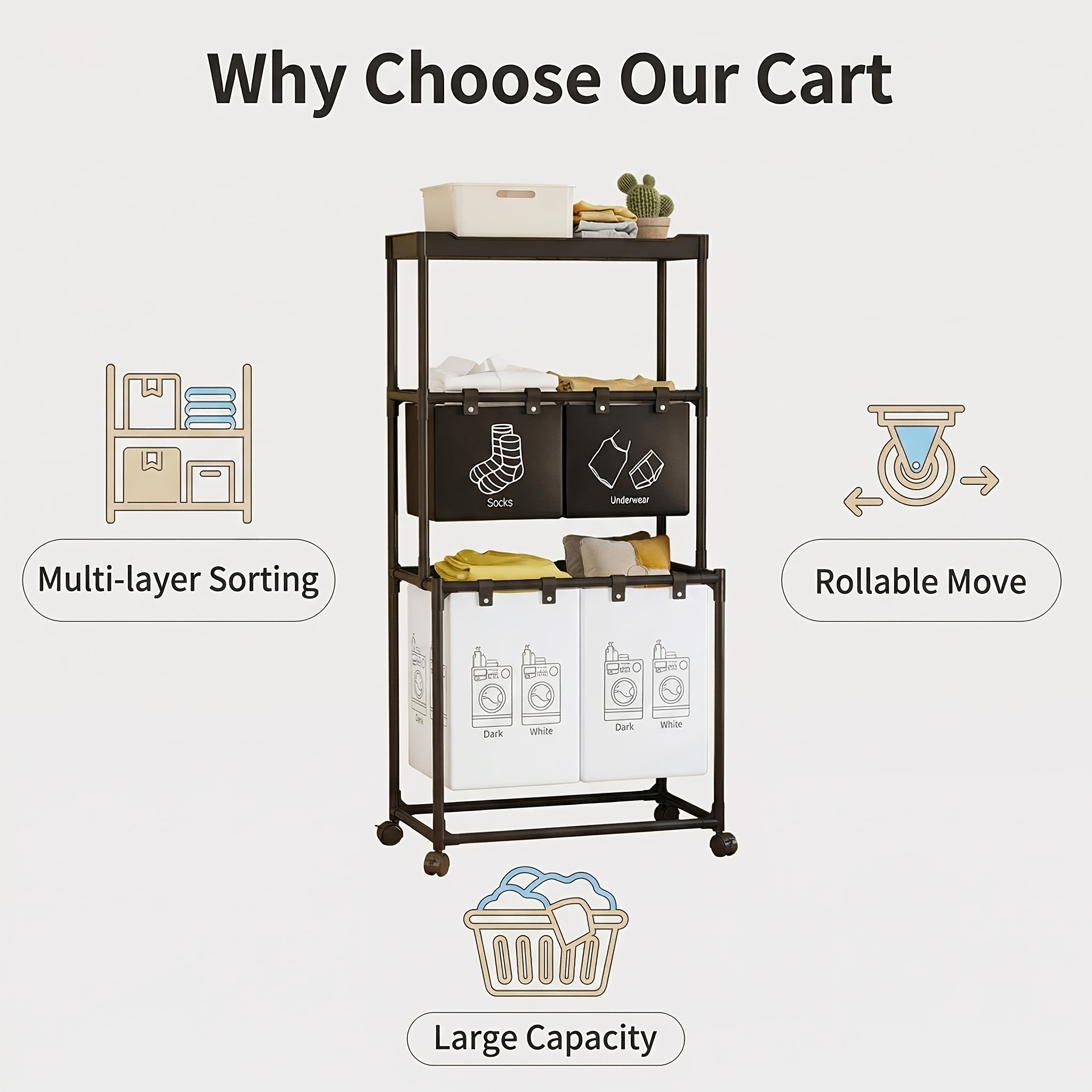 rolling laundry basket organizer metal frame fabric bin 57x44x128  white laundry baskets Product details 5