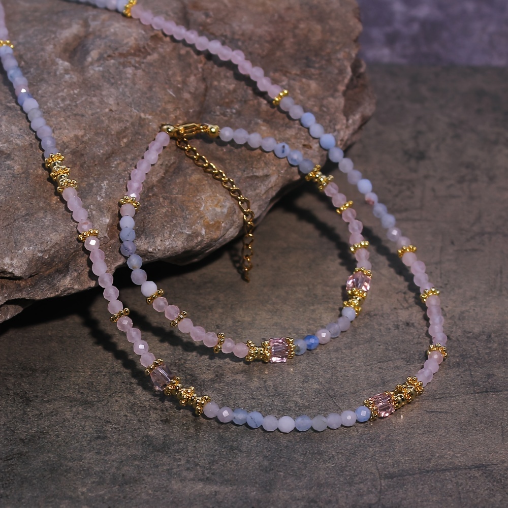 

Elegant 2pcs Set: Natural Aquamarine & Rose Quartz Beaded Necklace And Bracelet - Casual Attire Or Vacation